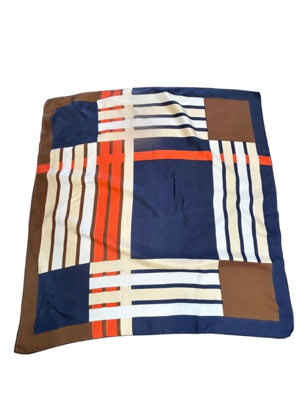 Vintage 70s 80s Geometric 24" Square 100% Silk Scarf Blue Brown Orange - Picture 4 of 9